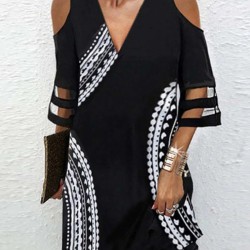 Hollow Mesh Printed Split-Joint Half Sleeves Loose Cold Shoulder Mini Dresses