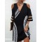 Hollow Mesh Printed Split-Joint Half Sleeves Loose Cold Shoulder Mini Dresses