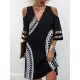 Hollow Mesh Printed Split-Joint Half Sleeves Loose Cold Shoulder Mini Dresses Hollow Mesh Printed Split-Joint Half Sleeves Loose Cold Shoulder Mini Dresses