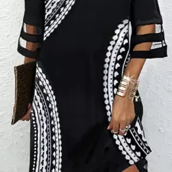 Hollow Mesh Printed Split-Joint Half Sleeves Loose Cold Shoulder Mini Dresses