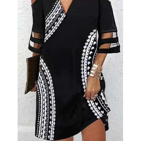 Hollow Mesh Printed Split-Joint Half Sleeves Loose Cold Shoulder Mini Dresses Hollow Mesh Printed Split-Joint Half Sleeves Loose Cold Shoulder Mini Dresses