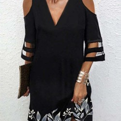 Hollow Leaves Print Mesh Split-Joint Half Sleeves Loose Cold Shoulder Mini Dresses