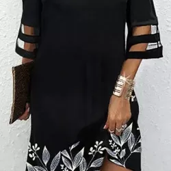 Hollow Leaves Print Mesh Split-Joint Half Sleeves Loose Cold Shoulder Mini Dresses