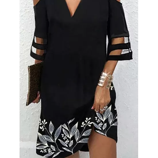Hollow Leaves Print Mesh Split-Joint Half Sleeves Loose Cold Shoulder Mini Dresses Hollow Leaves Print Mesh Split-Joint Half Sleeves Loose Cold Shoulder Mini Dresses