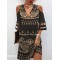 Hollow Mesh Printed Split-Joint Half Sleeves Loose Cold Shoulder Mini Dresses