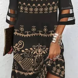 Hollow Mesh Printed Split-Joint Half Sleeves Loose Cold Shoulder Mini Dresses