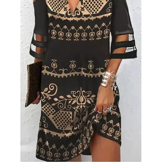 Hollow Mesh Printed Split-Joint Half Sleeves Loose Cold Shoulder Mini Dresses Hollow Mesh Printed Split-Joint Half Sleeves Loose Cold Shoulder Mini Dresses