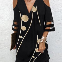Hollow Mesh Polka-Dot Printed Split-Joint Half Sleeves Loose Cold Shoulder Mini Dresses