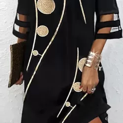 Hollow Mesh Polka-Dot Printed Split-Joint Half Sleeves Loose Cold Shoulder Mini Dresses
