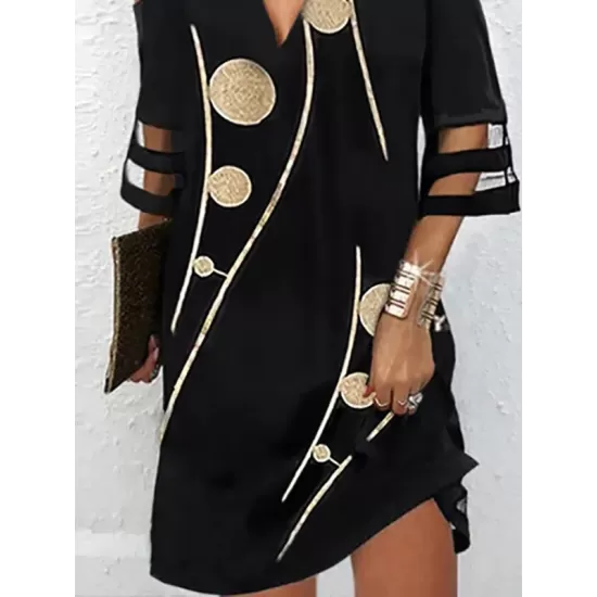 Hollow Mesh Polka-Dot Printed Split-Joint Half Sleeves Loose Cold Shoulder Mini Dresses Hollow Mesh Polka-Dot Printed Split-Joint Half Sleeves Loose Cold Shoulder Mini Dresses