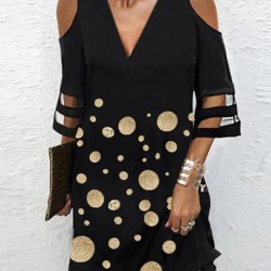 Hollow Mesh Polka-Dot Split-Joint Half Sleeves Loose Cold Shoulder Mini Dresses