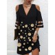 Hollow Mesh Polka-Dot Split-Joint Half Sleeves Loose Cold Shoulder Mini Dresses Hollow Mesh Polka-Dot Split-Joint Half Sleeves Loose Cold Shoulder Mini Dresses