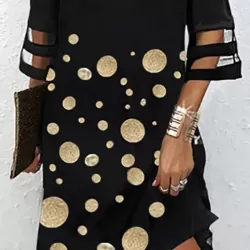 Hollow Mesh Polka-Dot Split-Joint Half Sleeves Loose Cold Shoulder Mini Dresses