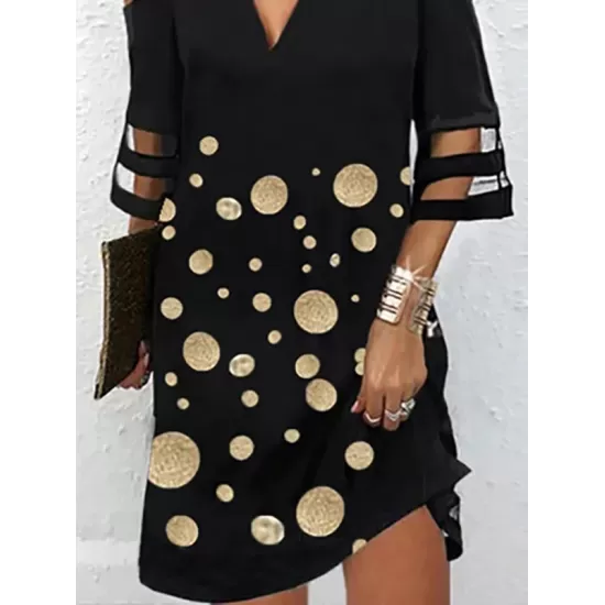 Hollow Mesh Polka-Dot Split-Joint Half Sleeves Loose Cold Shoulder Mini Dresses Hollow Mesh Polka-Dot Split-Joint Half Sleeves Loose Cold Shoulder Mini Dresses