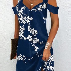 Flower Print Hollow A-Line High Waisted Cold Shoulder Mini Dresses