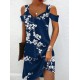 Flower Print Hollow A-Line High Waisted Cold Shoulder Mini Dresses Flower Print Hollow A-Line High Waisted Cold Shoulder Mini Dresses