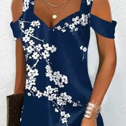 Flower Print Hollow A-Line High Waisted Cold Shoulder Mini Dresses