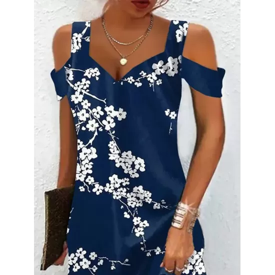 Flower Print Hollow A-Line High Waisted Cold Shoulder Mini Dresses Flower Print Hollow A-Line High Waisted Cold Shoulder Mini Dresses