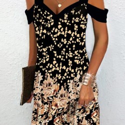 Flower Print Hollow A-Line High Waisted Cold Shoulder Mini Dresses
