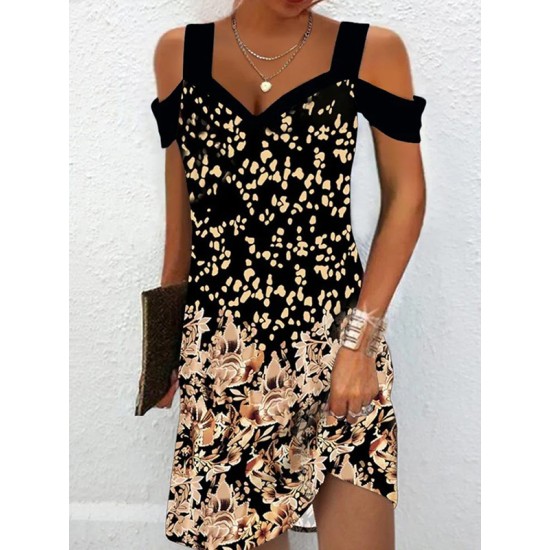 Flower Print Hollow A-Line High Waisted Cold Shoulder Mini Dresses Flower Print Hollow A-Line High Waisted Cold Shoulder Mini Dresses