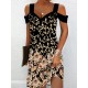 Flower Print Hollow A-Line High Waisted Cold Shoulder Mini Dresses Flower Print Hollow A-Line High Waisted Cold Shoulder Mini Dresses