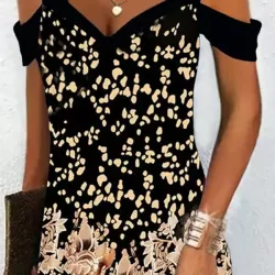 Flower Print Hollow A-Line High Waisted Cold Shoulder Mini Dresses