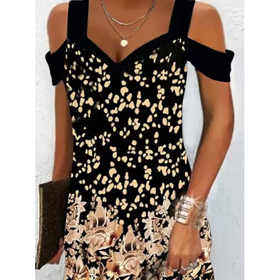 Flower Print Hollow A-Line High Waisted Cold Shoulder Mini Dresses Flower Print Hollow A-Line High Waisted Cold Shoulder Mini Dresses