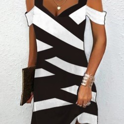 Contrast Color Hollow Printed A-Line High Waisted Cold Shoulder Mini Dresses