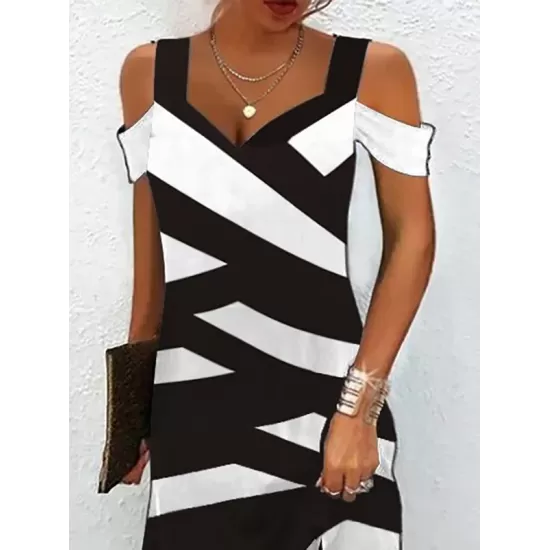 Contrast Color Hollow Printed A-Line High Waisted Cold Shoulder Mini Dresses Contrast Color Hollow Printed A-Line High Waisted Cold Shoulder Mini Dresses