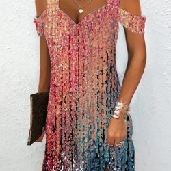 Hollow Printed A-Line High Waisted Cold Shoulder Mini Dresses