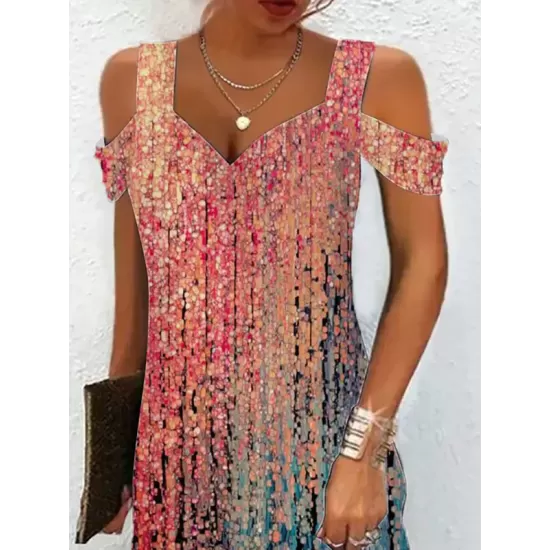 Hollow Printed A-Line High Waisted Cold Shoulder Mini Dresses Hollow Printed A-Line High Waisted Cold Shoulder Mini Dresses