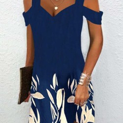 Hollow Leaves Print A-Line High Waisted Cold Shoulder Mini Dresses