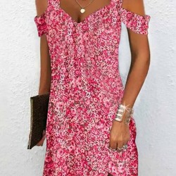 Flower Print Hollow A-Line High Waisted Cold Shoulder Mini Dresses