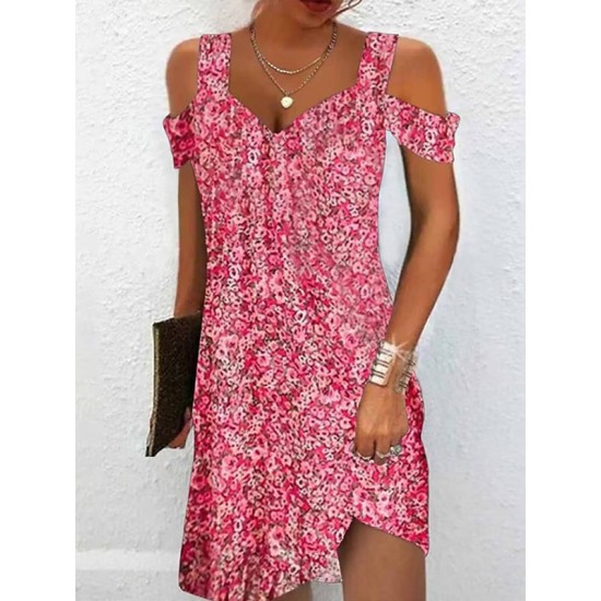 Flower Print Hollow A-Line High Waisted Cold Shoulder Mini Dresses Flower Print Hollow A-Line High Waisted Cold Shoulder Mini Dresses