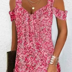 Flower Print Hollow A-Line High Waisted Cold Shoulder Mini Dresses