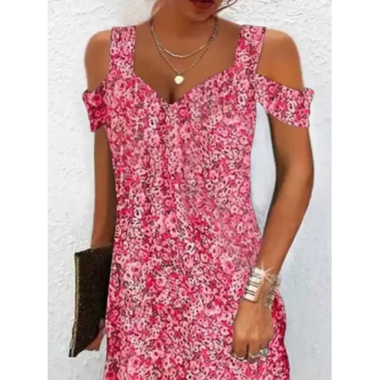 Flower Print Hollow A-Line High Waisted Cold Shoulder Mini Dresses Flower Print Hollow A-Line High Waisted Cold Shoulder Mini Dresses