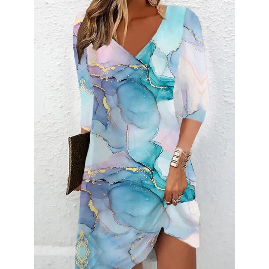 Printed A-line Loose V-neck Mini Dresses Printed A-line Loose V-neck Mini Dresses