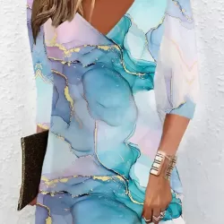 Printed A-line Loose V-neck Mini Dresses
