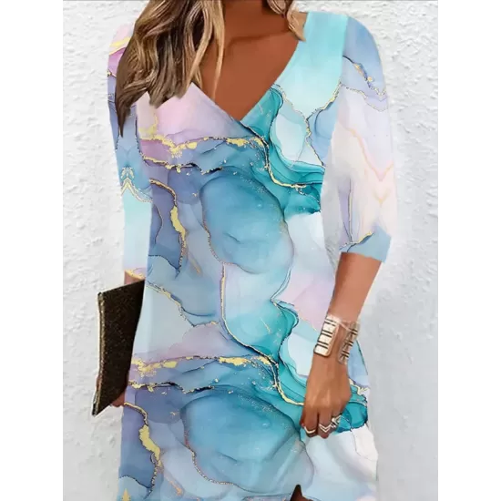 Printed A-line Loose V-neck Mini Dresses Printed A-line Loose V-neck Mini Dresses