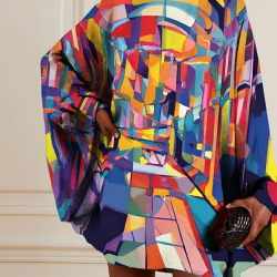 Batwing Sleeves Long Sleeves Buttoned Hollow Printed Round-Neck Mini Dresses