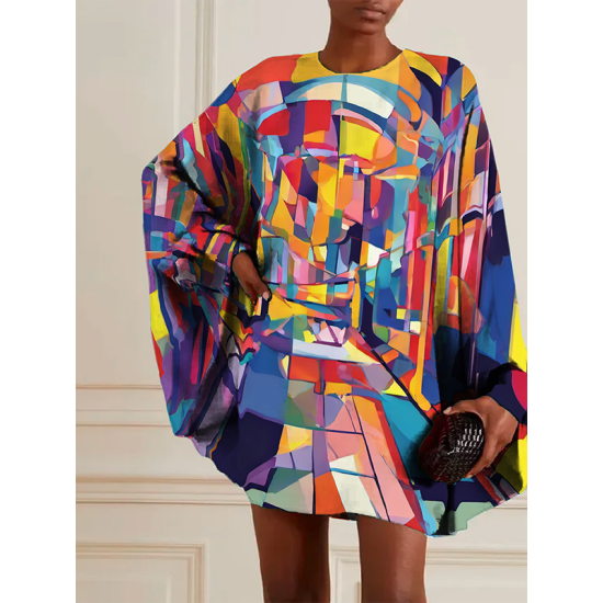 Batwing Sleeves Long Sleeves Buttoned Hollow Printed Round-Neck Mini Dresses Batwing Sleeves Long Sleeves Buttoned Hollow Printed Round-Neck Mini Dresses