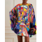 Batwing Sleeves Long Sleeves Buttoned Hollow Printed Round-Neck Mini Dresses