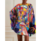 Batwing Sleeves Long Sleeves Buttoned Hollow Printed Round-Neck Mini Dresses Batwing Sleeves Long Sleeves Buttoned Hollow Printed Round-Neck Mini Dresses