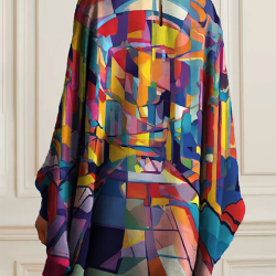 Batwing Sleeves Long Sleeves Buttoned Hollow Printed Round-Neck Mini Dresses