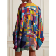 Batwing Sleeves Long Sleeves Buttoned Hollow Printed Round-Neck Mini Dresses Batwing Sleeves Long Sleeves Buttoned Hollow Printed Round-Neck Mini Dresses
