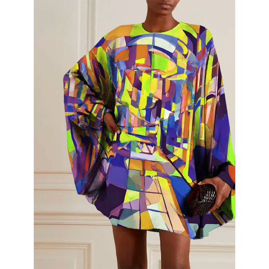 Batwing Sleeves Long Sleeves Buttoned Hollow Printed Round-Neck Mini Dresses Batwing Sleeves Long Sleeves Buttoned Hollow Printed Round-Neck Mini Dresses