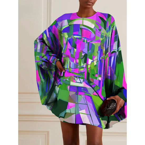 Batwing Sleeves Long Sleeves Buttoned Hollow Printed Round-Neck Mini Dresses Batwing Sleeves Long Sleeves Buttoned Hollow Printed Round-Neck Mini Dresses