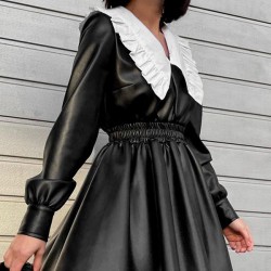 Elasticity Pleated Split-Joint Loose Puff Sleeves Peter Pan Collar Mini Dresses
