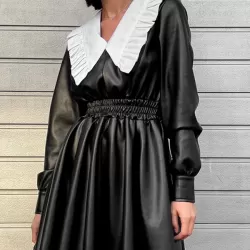 Elasticity Pleated Split-Joint Loose Puff Sleeves Peter Pan Collar Mini Dresses