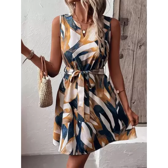 Printed Tied Waist A-Line Loose V-Neck Mini Dresses Printed Tied Waist A-Line Loose V-Neck Mini Dresses